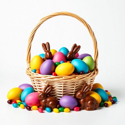 Easter Basket with Colored Eggs and Chocolates