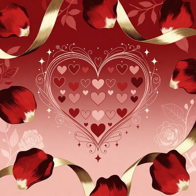 Red Rose Petals Hearts Gold Ribbon