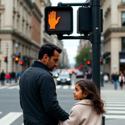 Father and daughter at red hand crosswalk