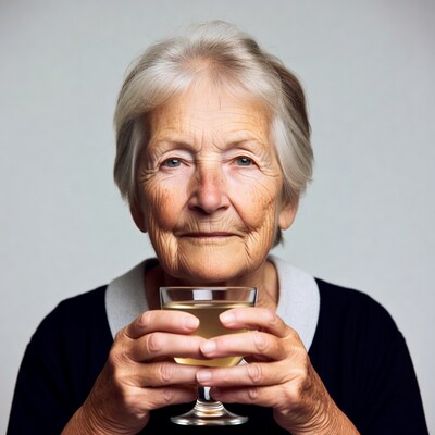 Elderly woman holding wine glass