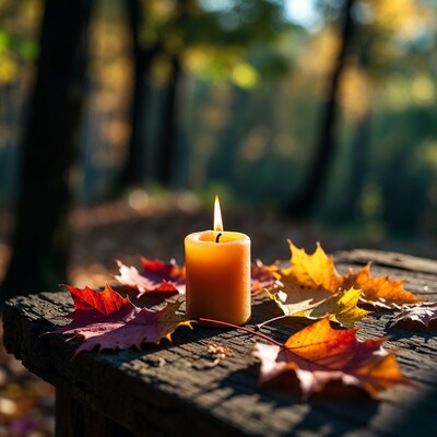 Lit Candle with Autumn Leaves on Wood
