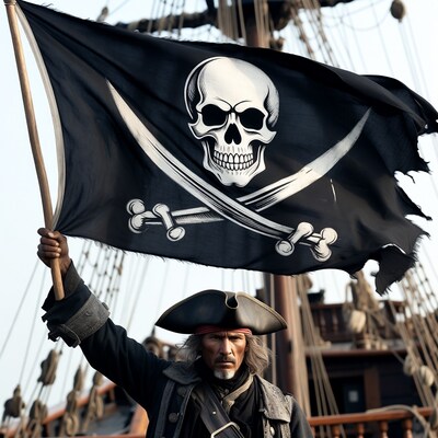 Pirate man waving Jolly Roger flag