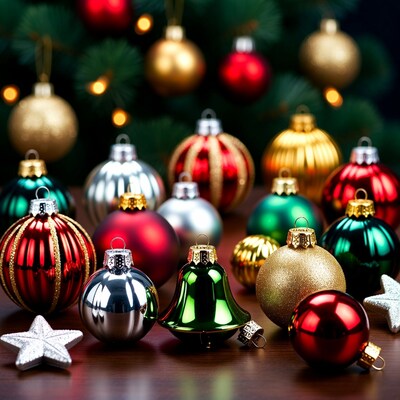Colorful Christmas Ornaments on Wooden Table