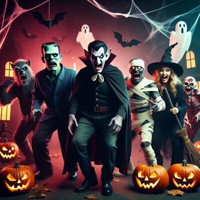Halloween Monsters Group with Pumpkins
