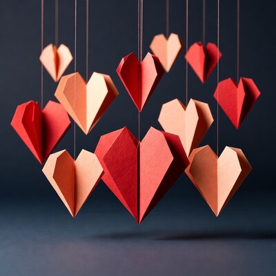 Origami hearts hanging on strings