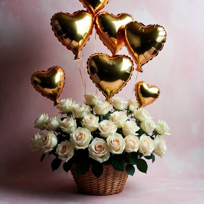 Gold heart balloons over white roses basket