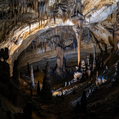 Stalactites in Illuminated Cave
