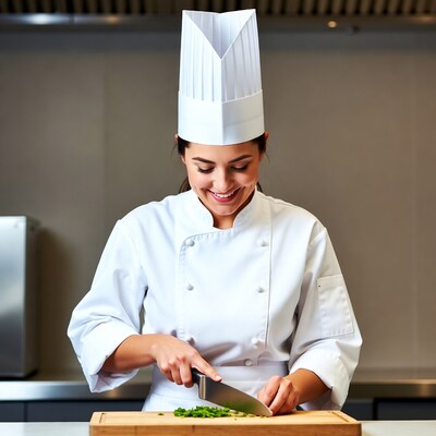 Female chef chopping herbs