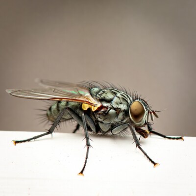 Closeup green bottle fly on white surface