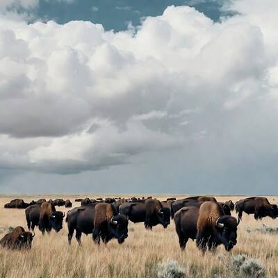 Herd of bison grazing in prairie