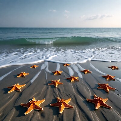 Starfish on beach with waves