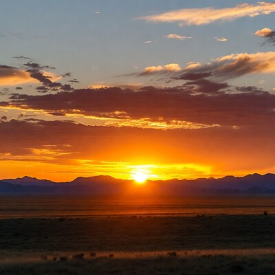 Sunset over mountains and plains