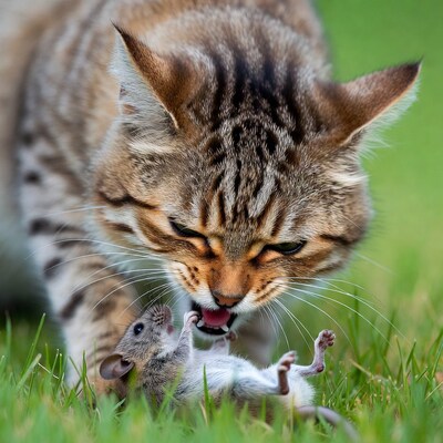 Cat catching mouse in grass
