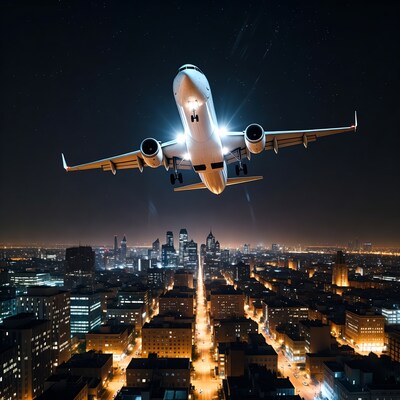 Airplane flying over city skyline at night