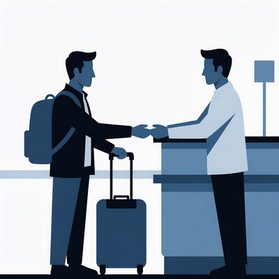 Man shaking hands with airport counter agent