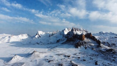 Snowy Jagged Mountains Aerial View
