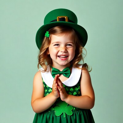 Girl in green leprechaun hat praying