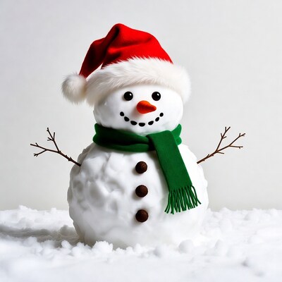 Snowman with Red Santa Hat and Green Scarf
