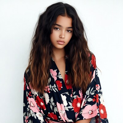 Young woman in floral kimono robe