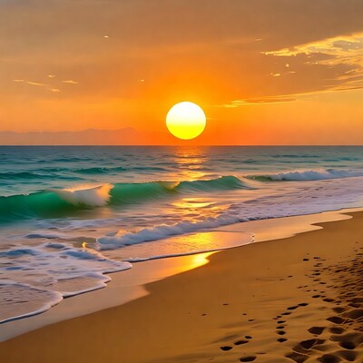 Sunset over turquoise ocean beach