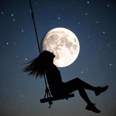 Silhouette woman swinging under full moon
