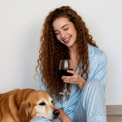 Woman with golden retriever holding wine glass