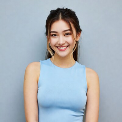 Asian woman smiling in blue tank top
