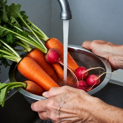 Hands washing carrots and radishes in sink