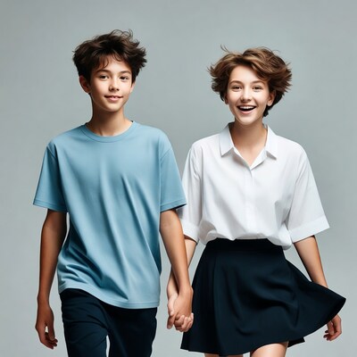 Teen boy and girl holding hands