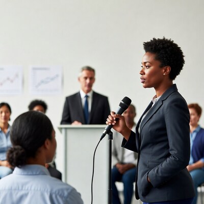 African-American woman speaking at podium