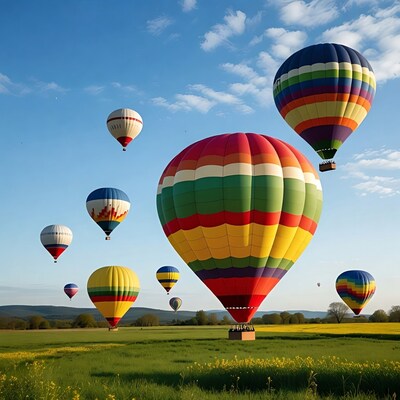 Colorful Hot Air Balloons Over Rapeseed Field