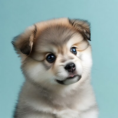 Cute Pomeranian puppy on blue background