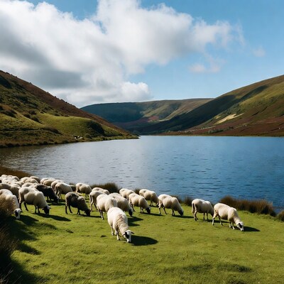 Sheep grazing by mountain lake