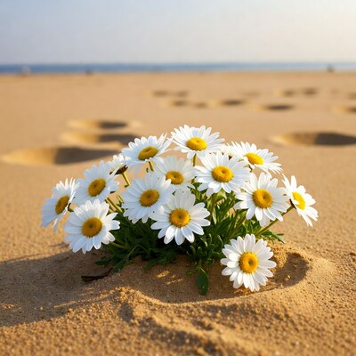White Daisies on Beach Sand