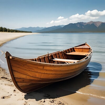 Wooden boat on lakeside beach