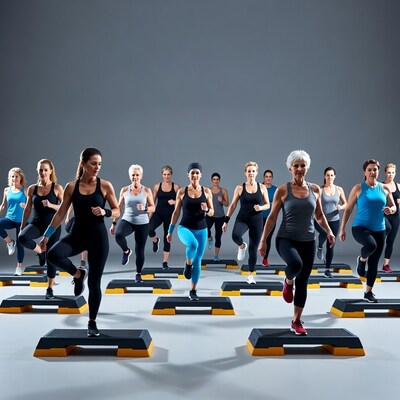 Women doing step aerobics workout
