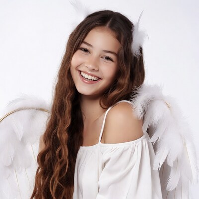 Girl with angel wings smiling