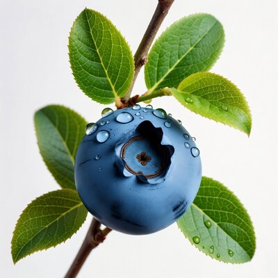 Dew-covered blueberry on green leaves