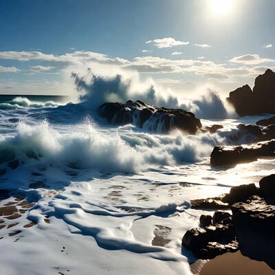 Waves crashing on rocks at sunset