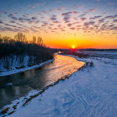 Winter River Sunset Aerial View