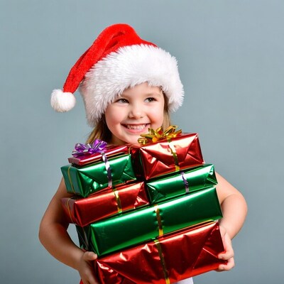 Girl holding Christmas presents