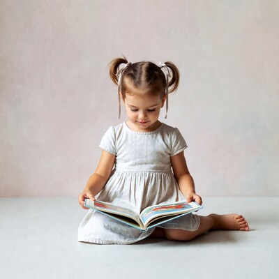 Toddler girl reading book