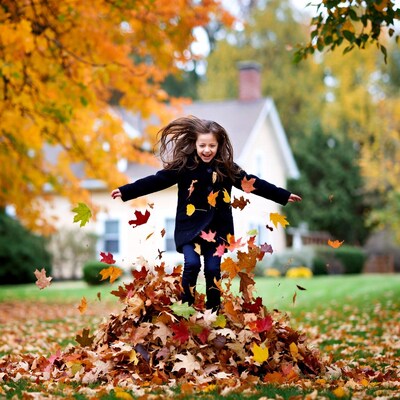 Girl jumping into autumn leaf pile