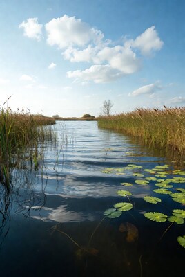 Reed-lined water channel with lily pads