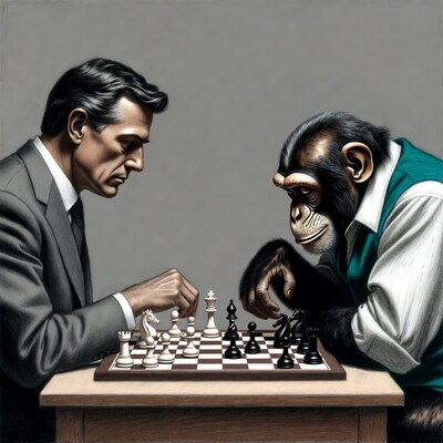 Man playing chess with chimpanzee