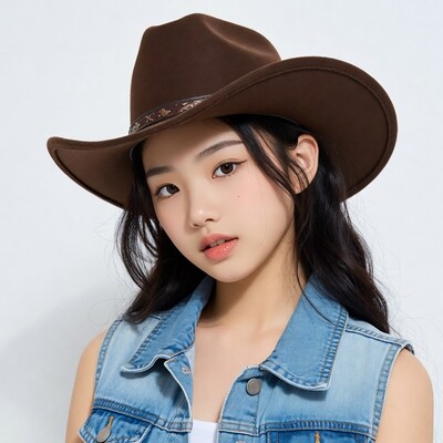 Asian woman wearing brown cowboy hat