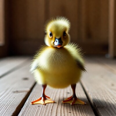 Cute yellow duckling on wooden floor