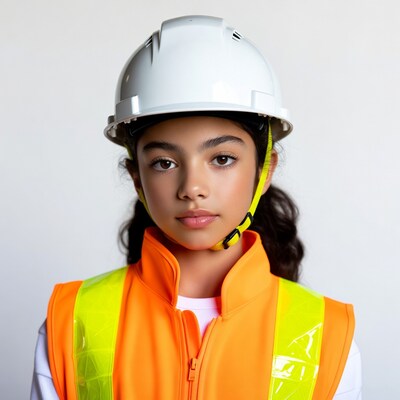 Girl wearing hard hat and vest