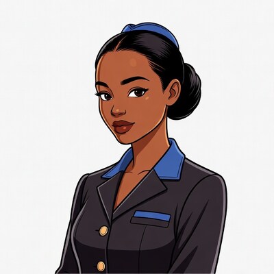 African-American woman in flight attendant uniform