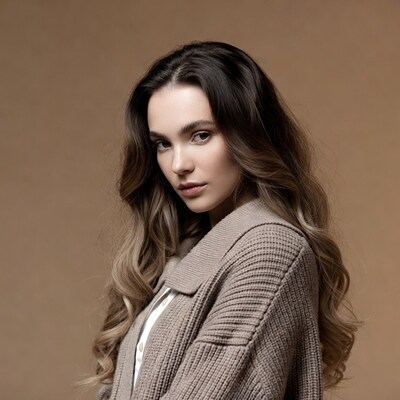 Woman with long wavy hair in beige sweater